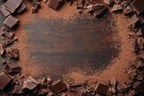 A flat lay of chocolate shavings and cocoa powder artfully spread on a dark wooden background with blank space at the bottom for text or an advertisement.