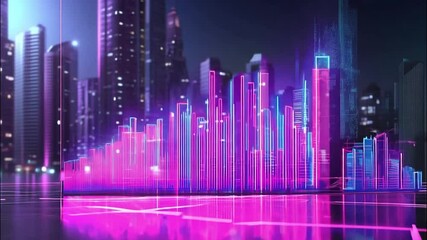 Wall Mural - neon cityscape with upward trending arrows
