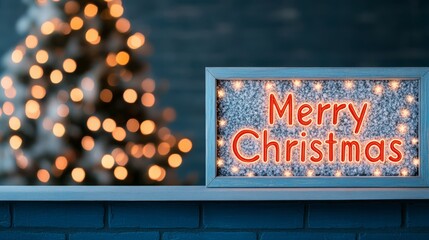 Celebrate the festive spirit with a vibrant merry christmas sign surrounded by twinkling holiday lights and a beautiful tree background