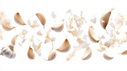 2410 18.A series of garlic cloves and bulbs gently suspended in the air, each piece in various stages of peeling, isolated against a bright white background, creating a sense of motion and freshness.