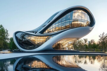 Poster - Futuristic Curved Building with Reflective Glass Facade