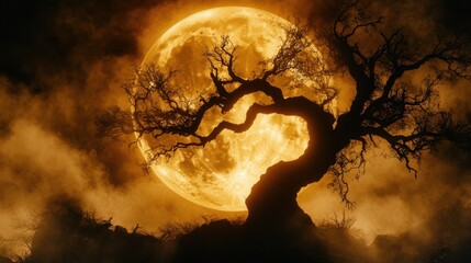 A creepy silhouette of a haunted tree under a glowing full moon on Halloween night.