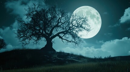 A creepy silhouette of a haunted tree under a glowing full moon on Halloween night.