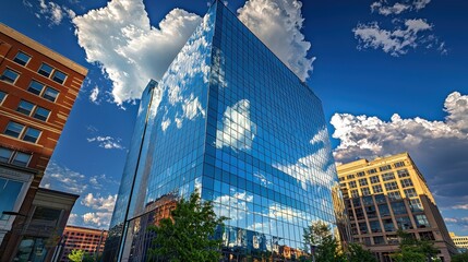 Poster - Modern Glass Skyscraper Reflecting Blue Sky and Clouds