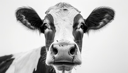 Amusing cow close up isolated on white looking curiously at the camera