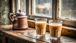 © Watcharapon - Closeup of Indian masala chai in two glasses with kettle on windowsill, Indian, masala chai, tea, glasses, kettle