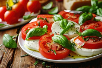 Wall Mural - Caprese salad with mozzarella tomatoes basil on wooden table