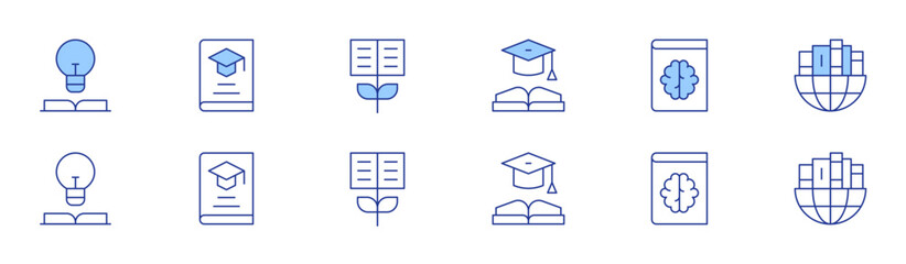 Poster - Knowledge icon set in two styles, Duotone and Thin Line style. Editable stroke. book, graduation, growth, global