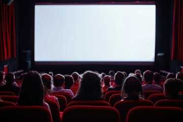 cinema with wide screen red chairs and blurred silhouettes of people watching a movie