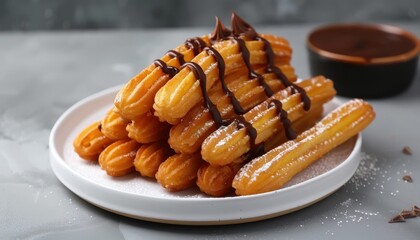 Poster - Churros with chocolate sauce on plate close up