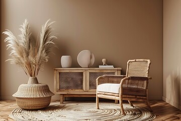 Wall Mural - Interior of modern living room with wooden furniture on brown background and boho decoration