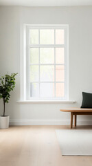 Modern minimalist interior featuring a large window, indoor plant, and wooden furniture in daylight