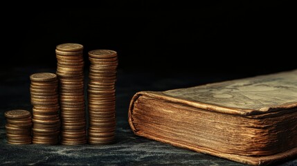 Poster - Coins arranged in growing stacks beside an account book, representing financial growth, savings, and strategic banking concepts.