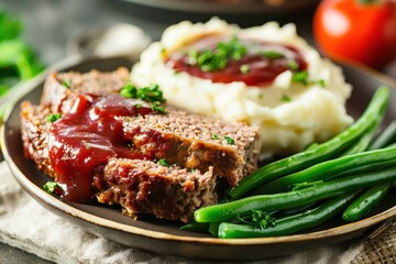 Wall Mural - Classic meal of meatloaf potatoes and green beans on a plate