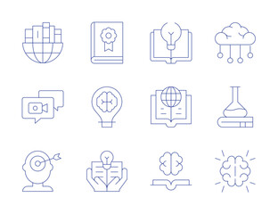 Knowledge icons. Thin Line style, editable stroke. webinar, geography, guide book, innovation, knowledge, learn, machine learning, philosophy, science, global, goal