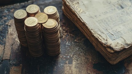 Poster - Coins arranged in growing stacks beside an account book, representing financial growth, savings, and strategic banking concepts.