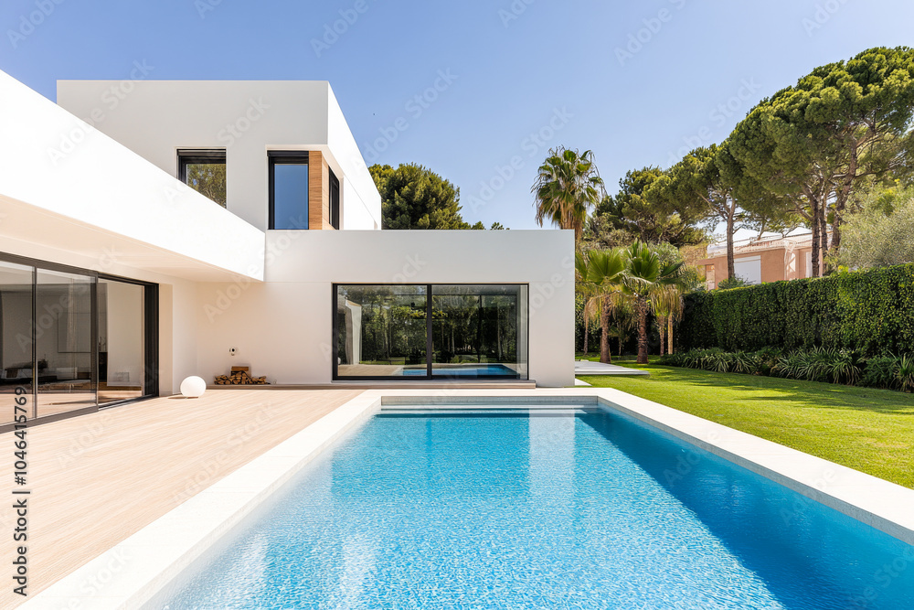 Modern villa with a swimming pool surrounded by lush greenery in bright ...