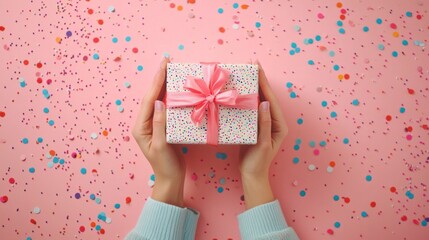 Wall Mural - Woman's hands holding gift box with confetti on pink pastel table. Celebratory gift presentation.