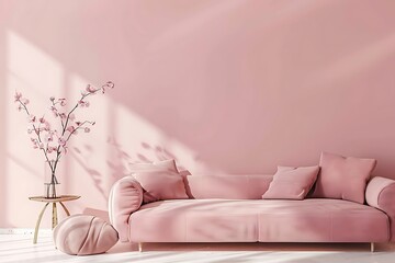 Living room interior design with comfortable pink sofa, mockup, modern design and wall background