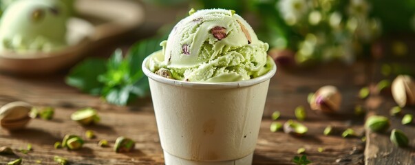 Cup of creamy pistachio ice cream on a rustic wooden table. Close-up view, green tones. Free copy space for banner.