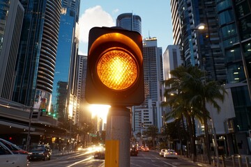 Wall Mural - A traffic light turning green as the sun sets, with the golden light reflecting off nearby buildings and cars accelerating into the night, capturing the transition from day to evening in the