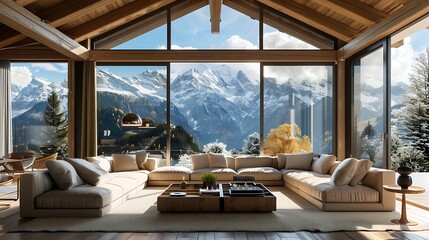 Living room interior with large sofa, two armchairs and a large window overlooking the alps