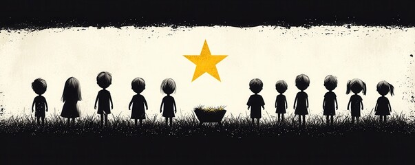 Canvas Print - Silhouette of Children Looking Up at a Star.