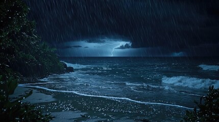 Poster - Stormy ocean scene with heavy rain and lightning on a dark, moody night.