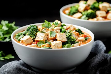 A vibrant bowl of tofu and vegetable stew with broccoli, peppers, and fresh herbs, perfect for a healthy meal.