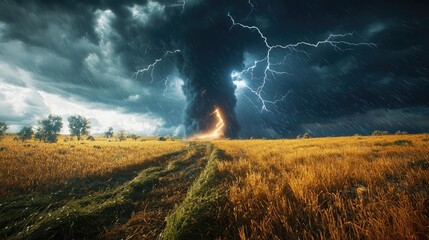 Poster - Dramatic storm clouds with lightning over a grassy field, showcasing nature's power.
