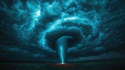 Poster - Dramatic storm clouds with lightning striking down to the ground, dark and atmospheric.