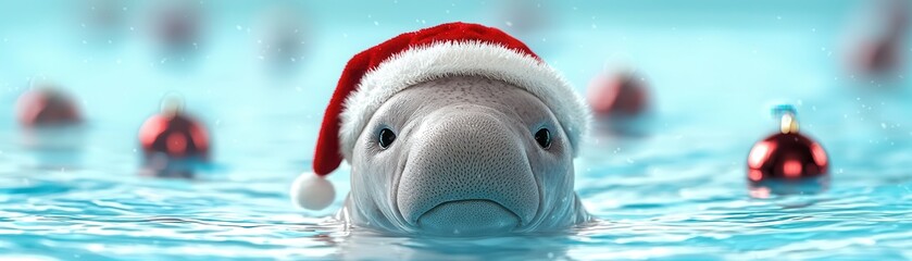 Sticker - Manatee Wearing Santa Hat In Water.