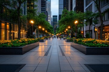 Wall Mural - Minimalist design of a clean, modern city street with simple lines, a few streetlights, and pedestrians walking, symbolizing simplicity and order in urban life