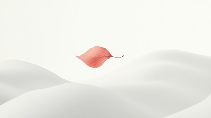 A single red leaf floats in the air above a white background with soft, undulating lines.