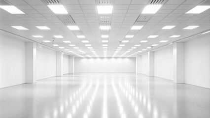 Poster - Empty 3d white room with stripes of ceiling lights. 3d rendering of white empty space in room, ceramic tile floor in perspective, window and ceiling strip light. Interior home design clean, bright