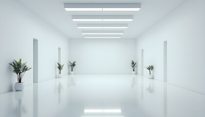 Poster - Empty 3d white room with stripes of ceiling lights. 3d rendering of white empty space in room, ceramic tile floor in perspective, window and ceiling strip light. Interior home design clean, bright