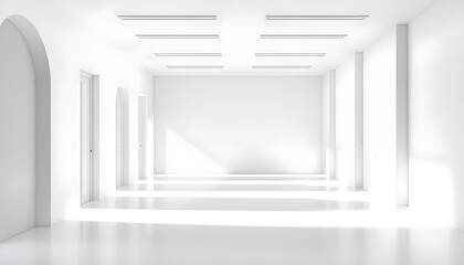 Poster - Empty 3d white room with stripes of ceiling lights. 3d rendering of white empty space in room, ceramic tile floor in perspective, window and ceiling strip light. Interior home design clean, bright
