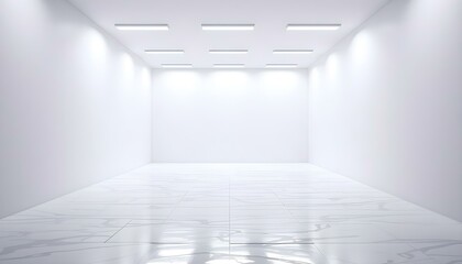 Poster - Empty 3d white room with stripes of ceiling lights. 3d rendering of white empty space in room, ceramic tile floor in perspective, window and ceiling strip light. Interior home design clean, bright