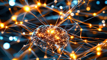 Poster - Abstract representation of a human brain interconnected with glowing neural pathways and vibrant light nodes in a dark setting