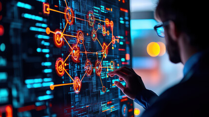 Poster - Professional analyzing digital data on a futuristic touch screen interface with graphs and icons glowing in orange and blue tones