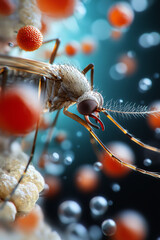 Close-up of a mosquito with microscopic details highlighting its anatomy and surroundings in a vibrant environment