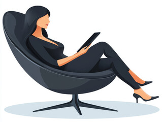 Elegant businesswoman sitting on stylish chair, reading on tablet. modern design and relaxed posture convey sense of professionalism and comfort