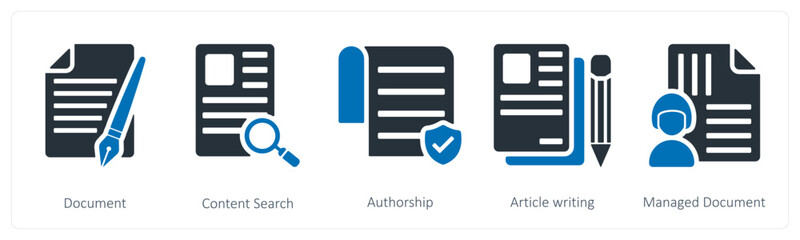 A set of 5 business icons as document, content search, authorship