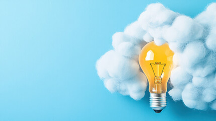 Poster - Light bulb emitting glow amidst fluffy clouds on a bright blue background, symbolizing creativity and innovation