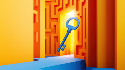 Poster - Key floating in a vibrant maze, symbolizing access, discovery, and unlocking new opportunities in a colorful digital environment