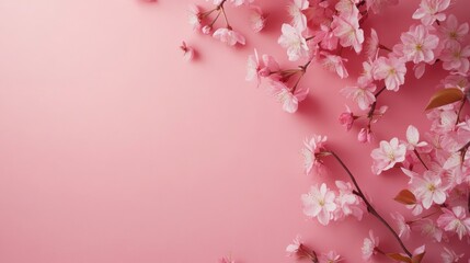Poster - Photo of, Pink background with delicate cherry blossom branches and falling petals for design, banner template
