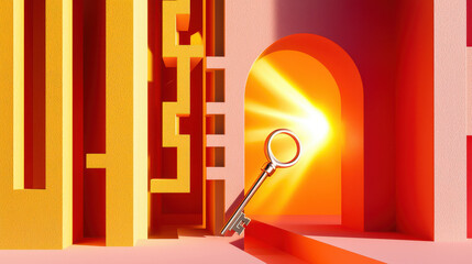 Poster - Abstract representation of a key and a glowing archway symbolizing access, opportunity, and discovery within a vibrant geometric setting