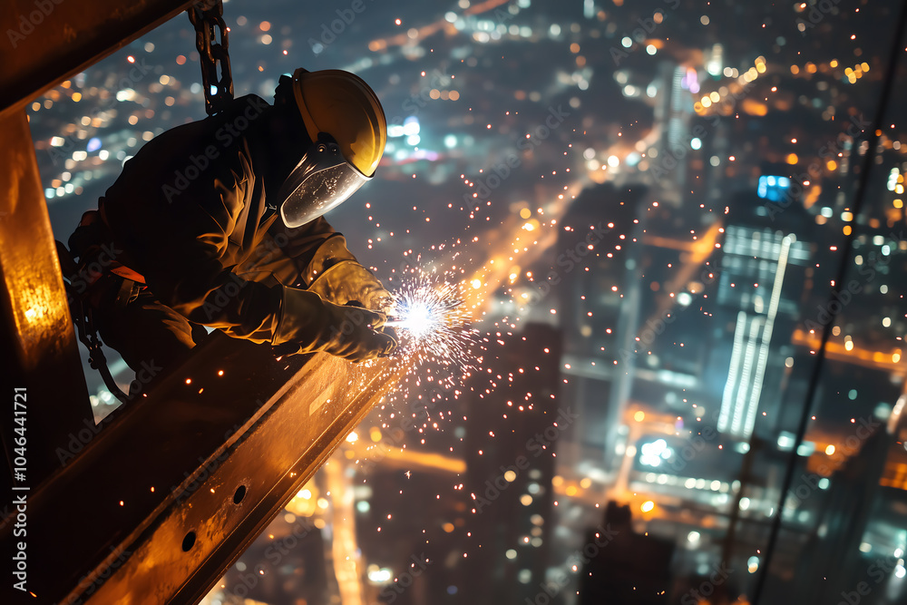 Sparks flying as welder works on steel beam high above city, nighttime ...