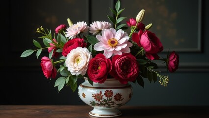 Poster - A vase filled with red and pink flowers sits on a wooden table