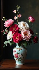 Poster - A vase filled with red and pink flowers sits on a wooden table